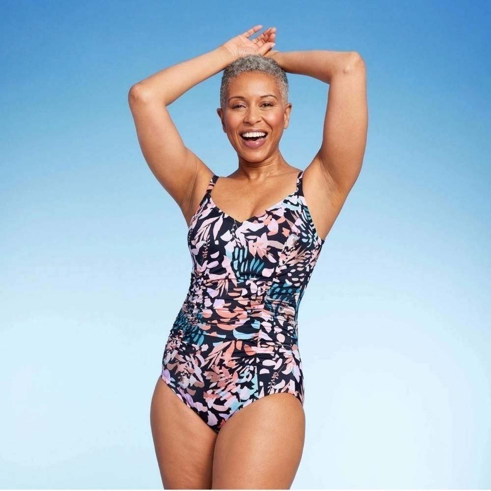 Aqua Green Tropical Ruched Princess Seamed One Piece Bathing Suit size Medium